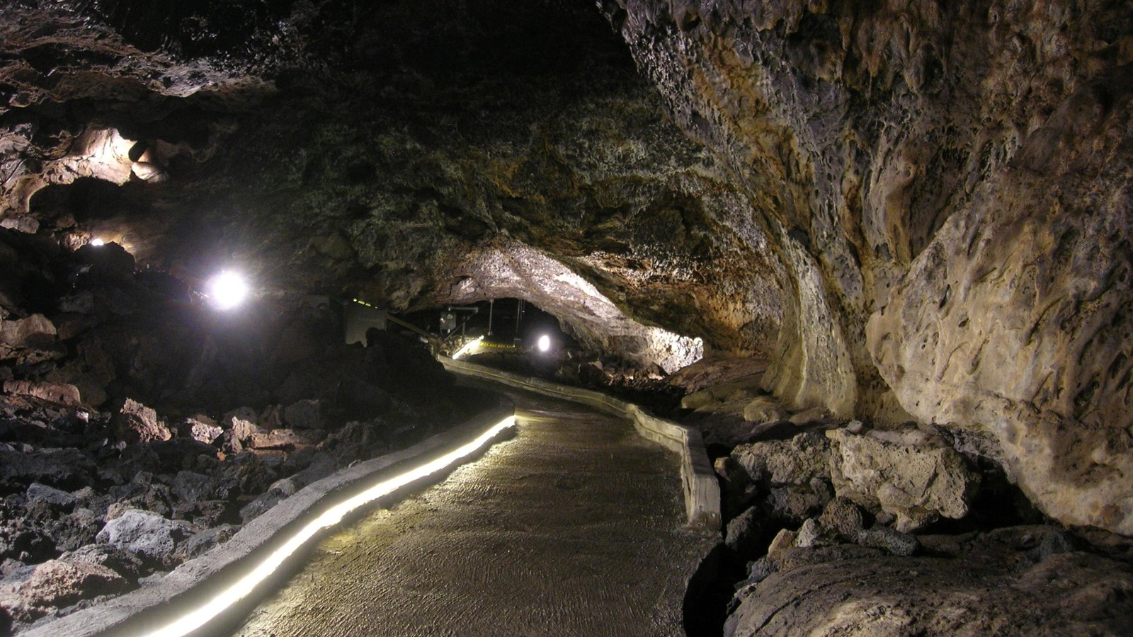 interior of mushpot cave, showing the walkway and lights 
