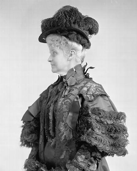 A woman in a bustled skirt and hat in profile