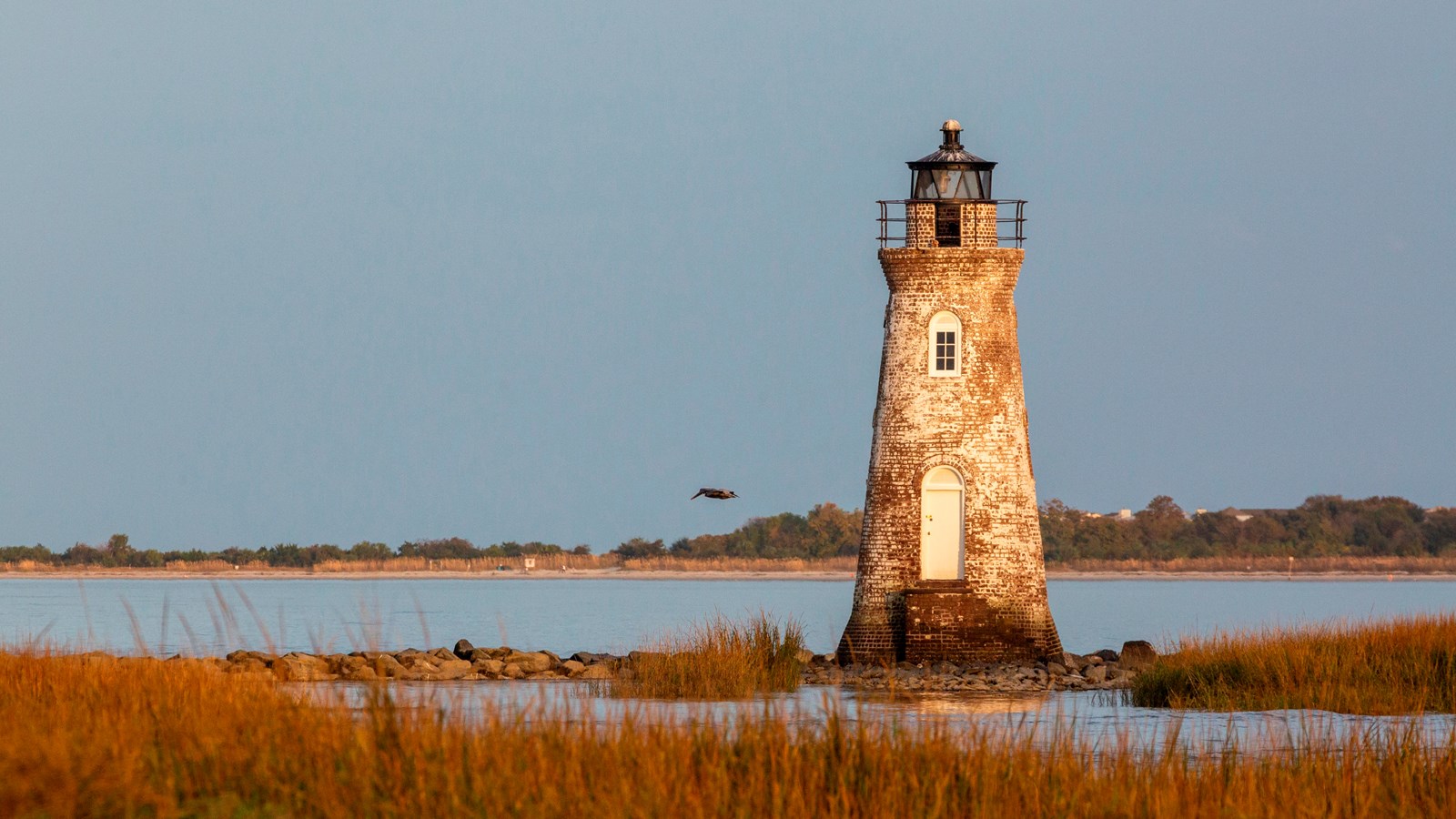 A white brick lighthouse in a marsh. 