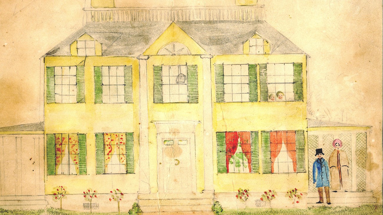 Watercolor of yellow house with green shutters and figures visible on porch