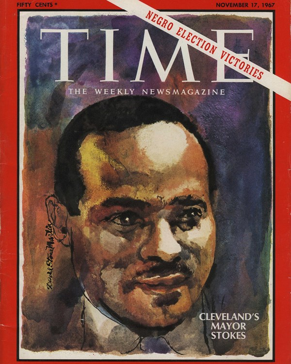 Cover of “Time, the Weekly News Magazine” with a watercolor portrait of “Cleveland’s Mayor Stokes”.