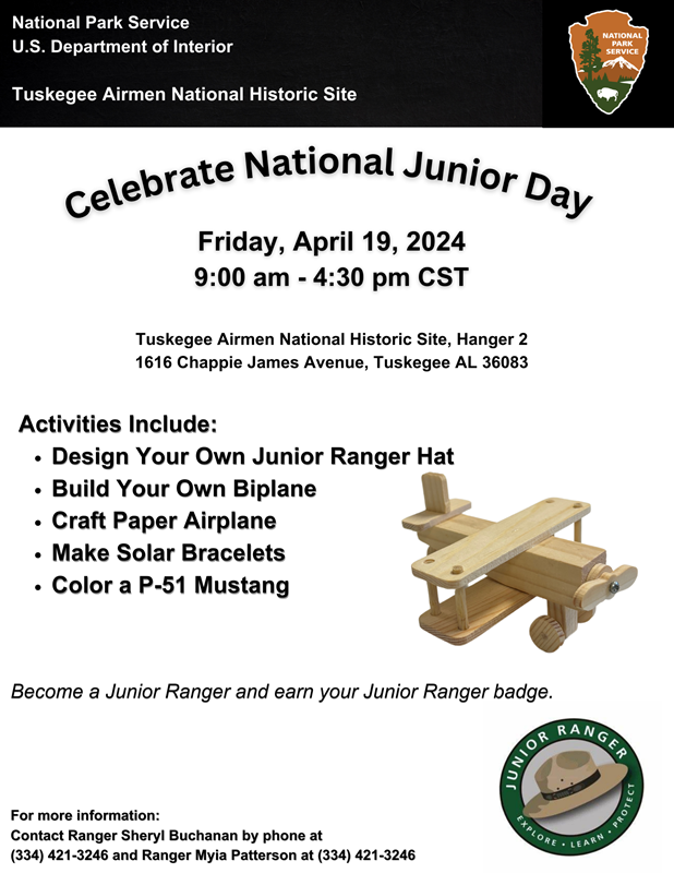 Image of an event flyer that describing National Junior Ranger Day with a wooden airplane.