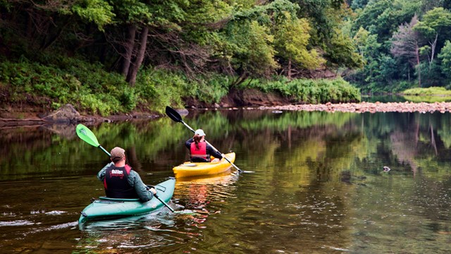 Two people kayaking on the Westfield River