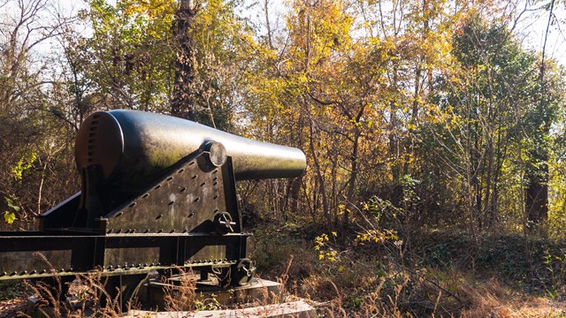 Large black iron cannon in the woods