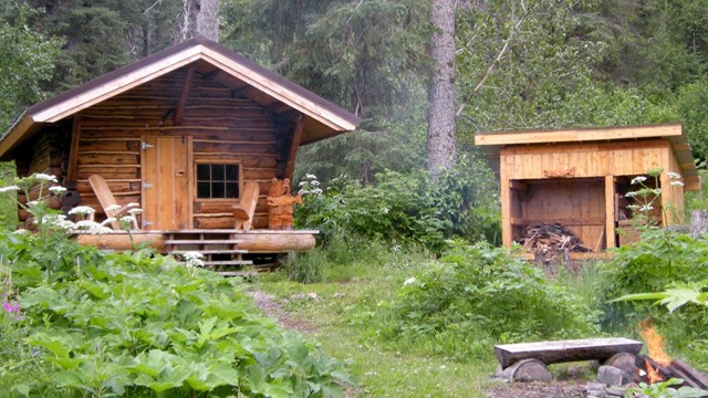 Log cabin on left amongst lush green forest and wood shed on right with firepit in front.