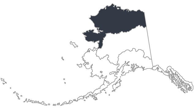 Map of Alaska broken into 5 outlined sections; upper section darkened.