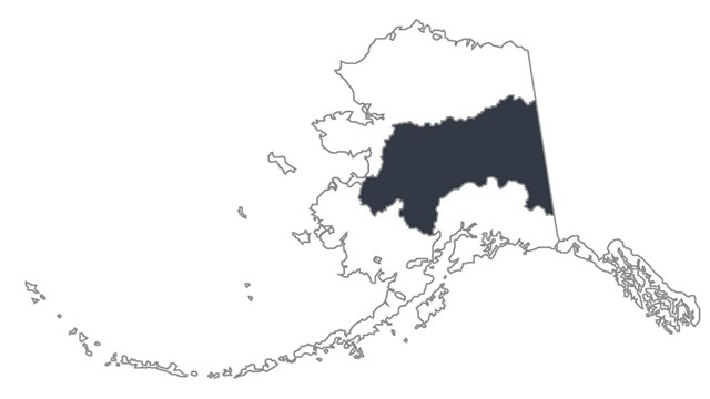 Map of Alaska broken into 5 outlined sections; middle section darkened.