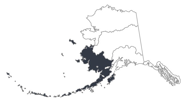 Map of Alaska broken into 5 outlined section; far left section darkened.