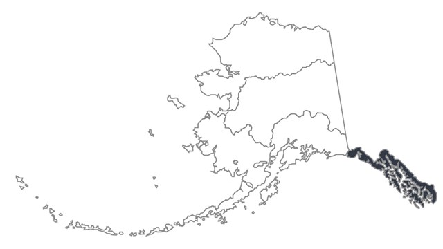 Map of Alaska broken into 5 outlined sections; far right section darkened.