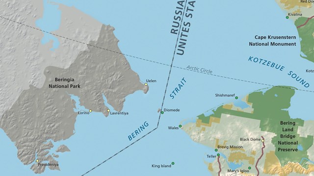 Map showing boundary in Pacific Ocean of Russia and USA.