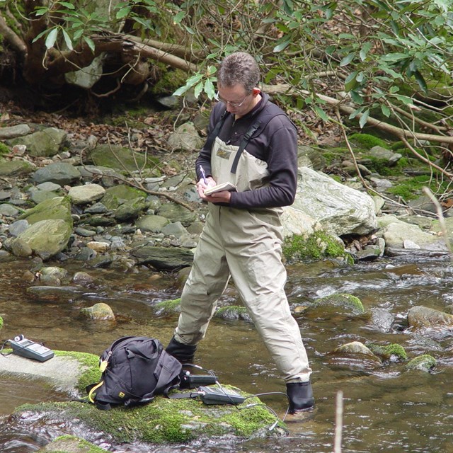 Water-quality sampling at Rock Creek at Obed Wild and Scenic River.