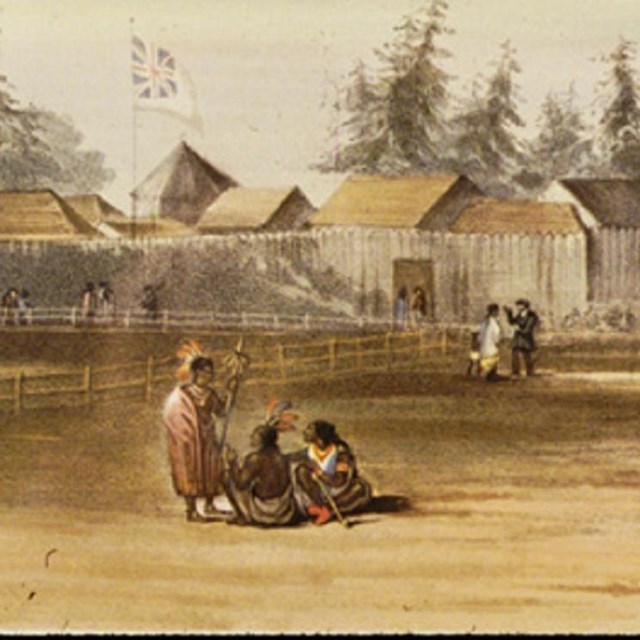 Lithograph of Fort Vancouver depicting people walking around. 