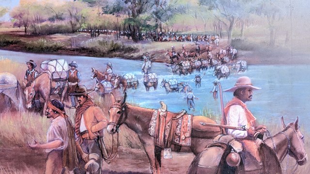 Painting of Antonio Armijo's group crossing the Animas River