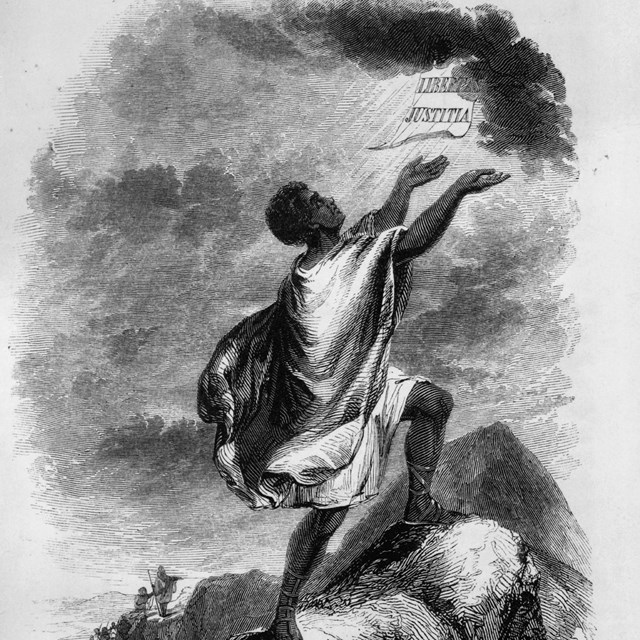 Frontispiece of David Walker's Appeal with a Black man climbing up a rock and reaching to the sky.