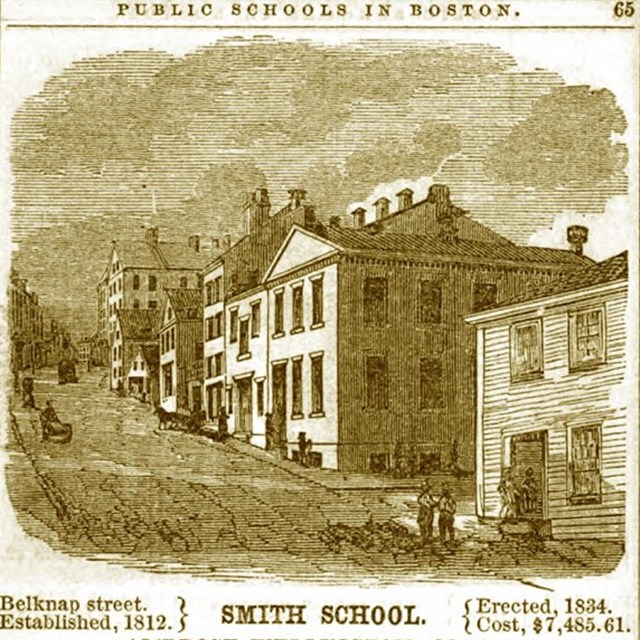 sketch of Belknap (Joy street) looking up the hill at the Abiel Smith School on the corner.