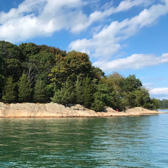 A forested island with sandy bluffs.