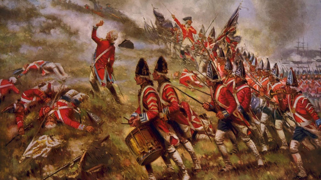 Painting of British soldiers in red coats marching up a steep hill, being attacked by other soldiers