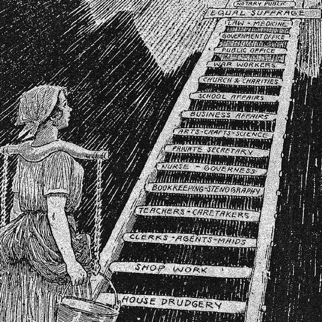 Young woman looking up a ladder with different rights on each rung, including Equal Suffrage.