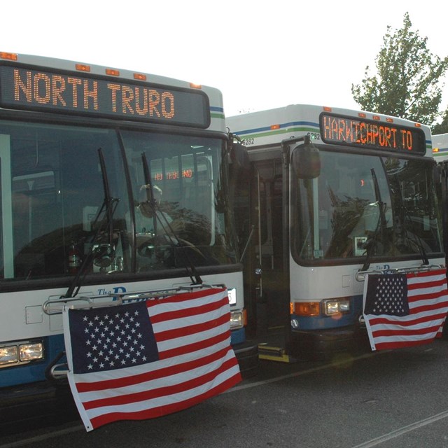 A row of buses with American flags of the front and lit up destination displays.