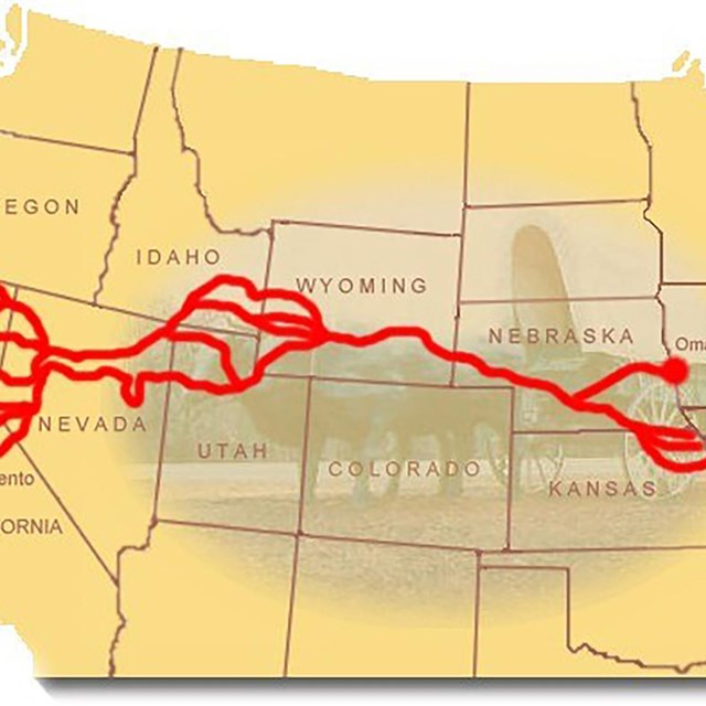 A map depicting a trail from Missouri west to the California.