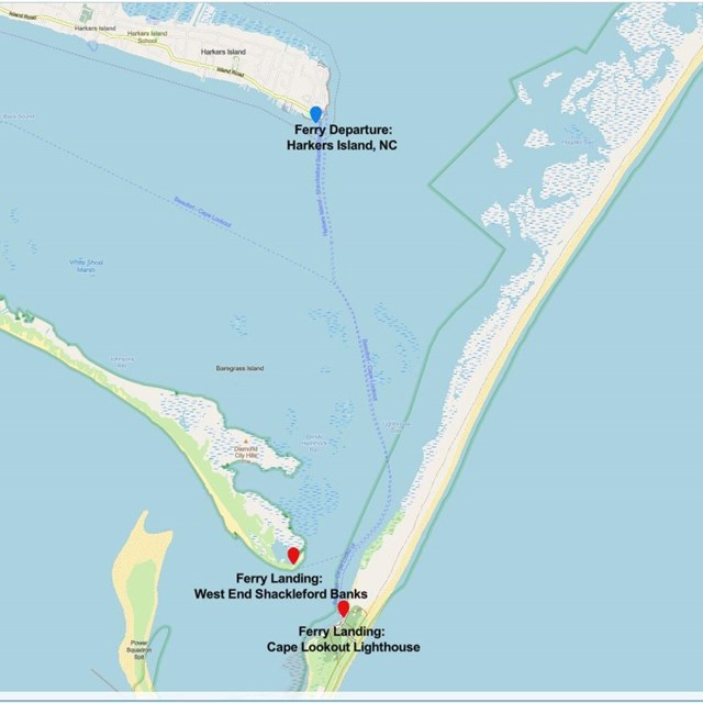 A map showing the ferry routes from Harkers Island to Cape Lookout and Shackleford Banks. 