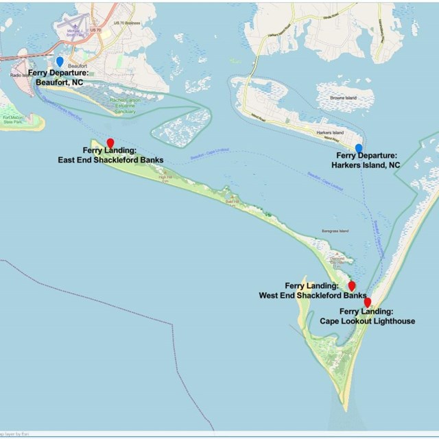 Map showing ferry routes from Beaufort, NC to Cape Lookout and Shackleford Banks. 