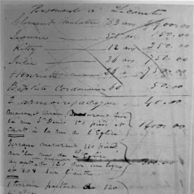 Historic document listing enslaved people, titled “Personnel of LeComte”