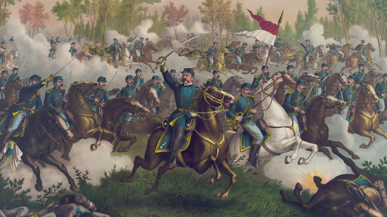 An 1890 illustration shows blue uniformed soldiers in a cavalry charge. 