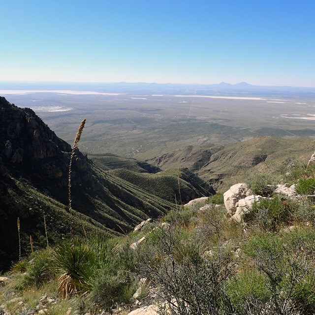 Clear view across the desert valley from Guadalupe Mountains National Park