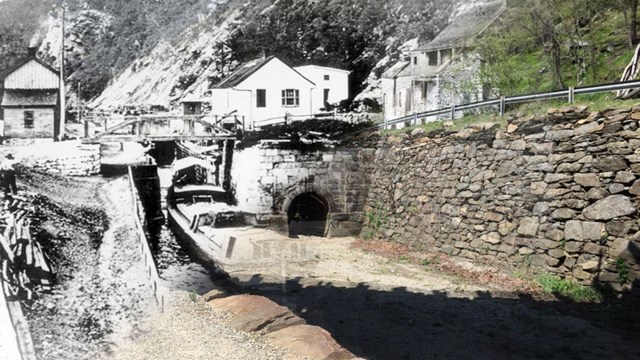 A blend of a 1900 image taken at Lock 33 near Harpers Ferry and present day.