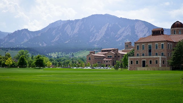 View of mountains and college campus in Boulder.