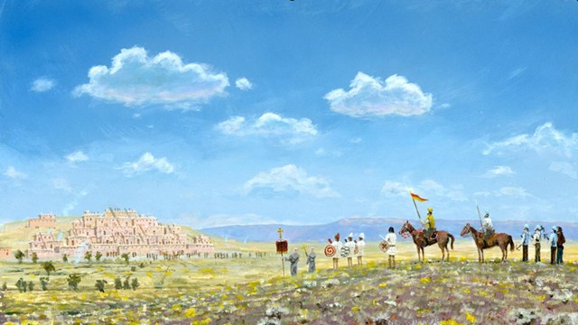 A painting of men on horseback, overlooking a pueblo in the distance