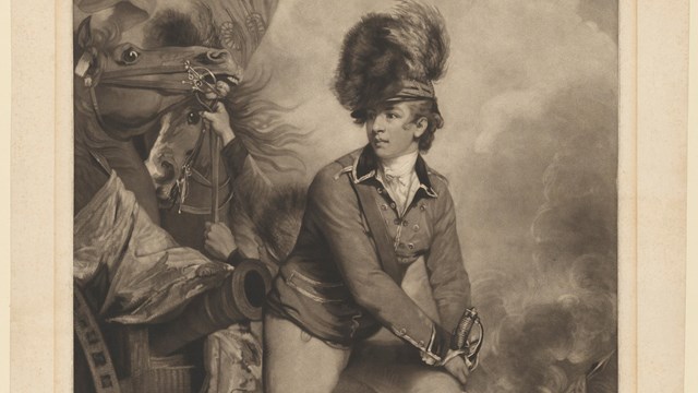 Illustration of Lieutenant Colonel Banastre Tarleton in military uniform standing on cannon
