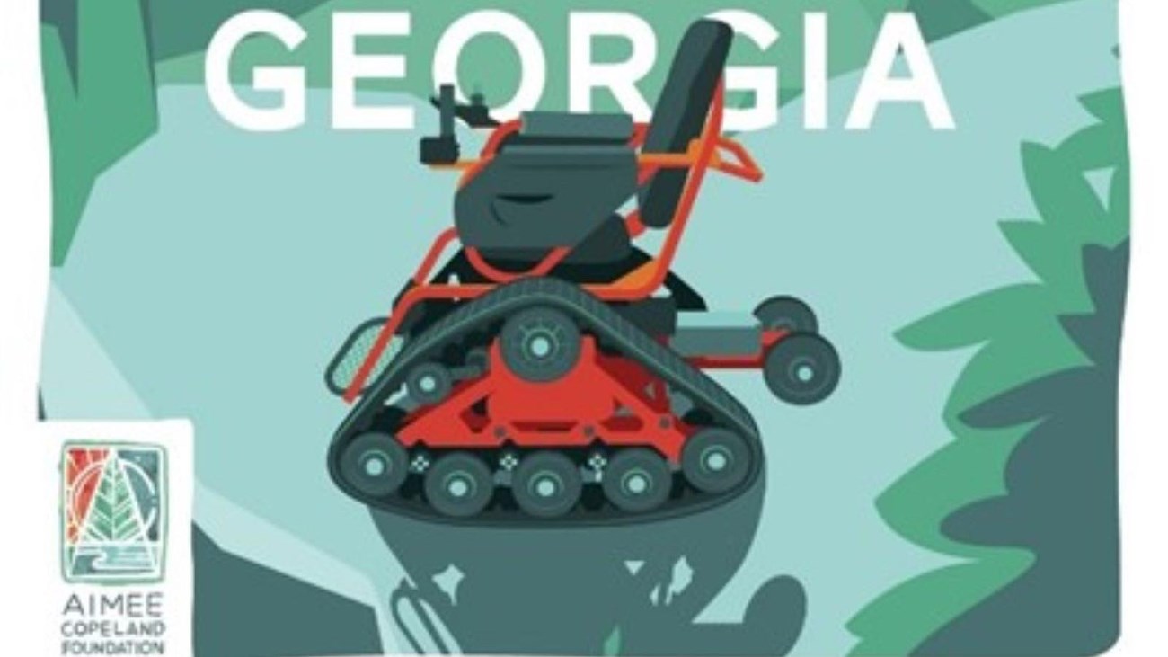 Cartoon drawing of an electric wheelchair with treads instead of wheels words "All Terrain Georgia"