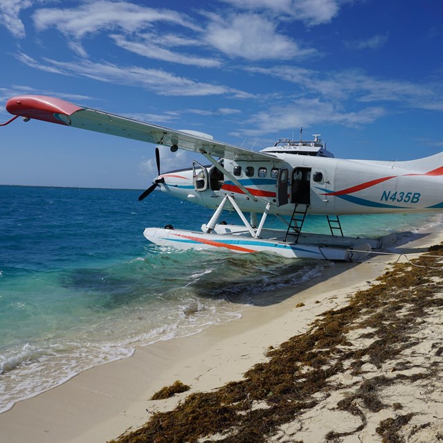 A seaplane resting on a sandy beach