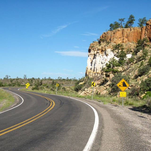 road with yellow signs on edge curves around the base of a tall sandstone cliff