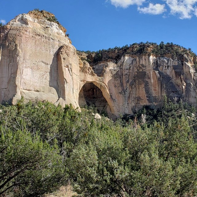 Sandstone arch set in the middle of a tall sandstone cliff with a sidewalk leading up to it