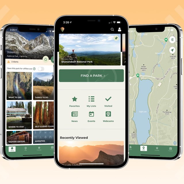 Three mobile devices with their screens displaying a national park service app.