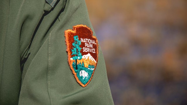 The NPS arrowhead against a blurred brown and watery background. 