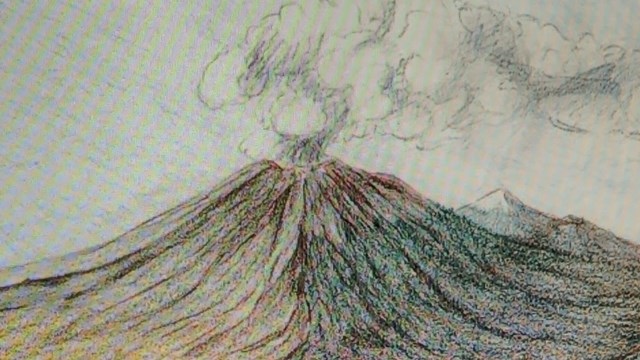 handsketched reconstruction of a volcano with smoke and ash billowing out 