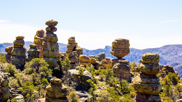 Pinnacles and balanced rocks with green vegetation and a mountain range in the distance.