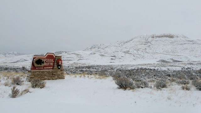 Road sign that says Fossil Butte National Monument with a fossil fish. Everything is covered in snow