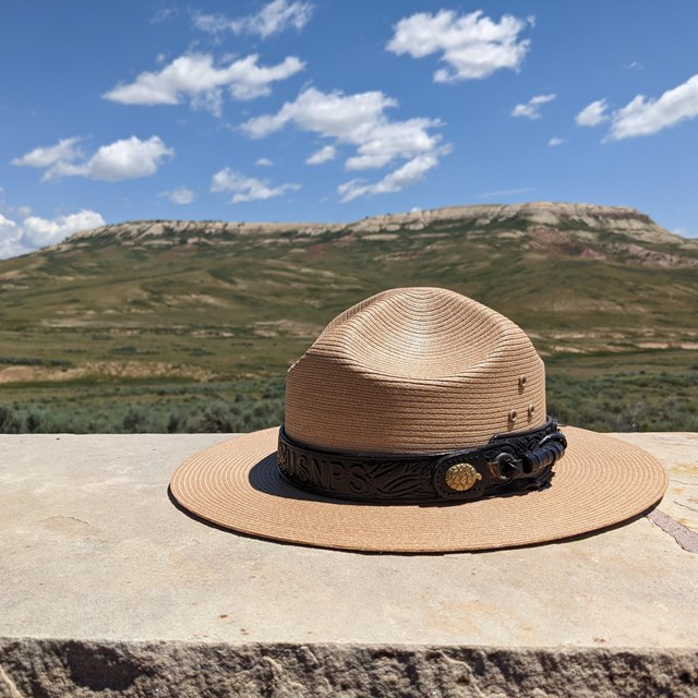 NPS straw flat hat on rock wall in front of Fossil Butte.