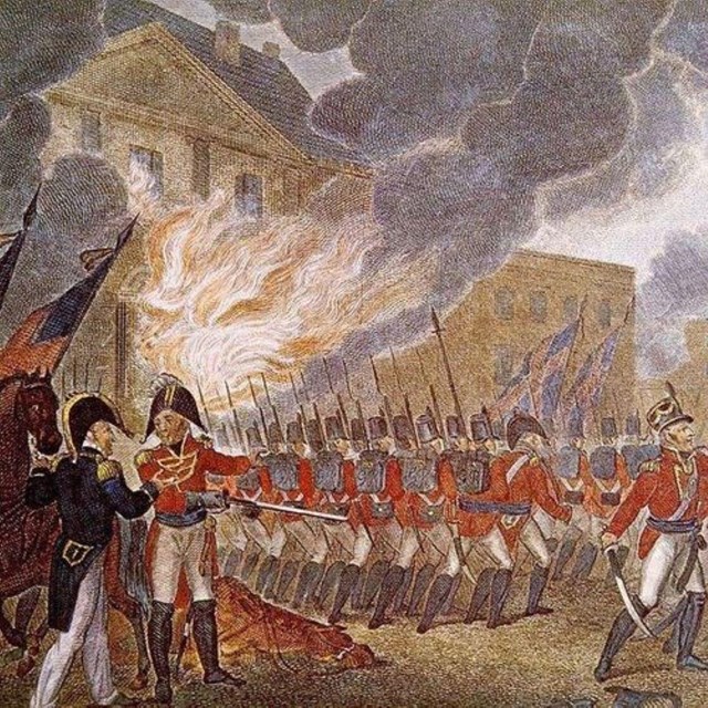 A historic painting of the the burning of Washington D.C. by British troops.