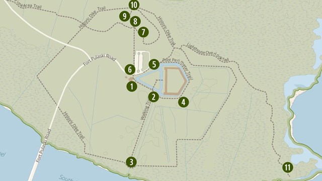 Image of a park map with numbers pointing out stops on tour. 