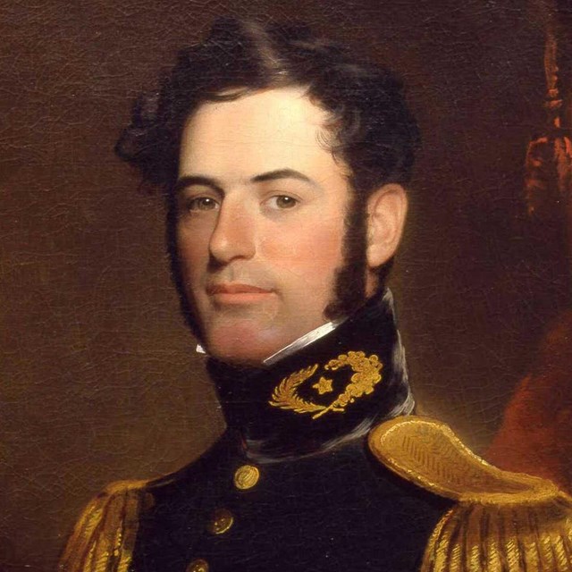 A painting of a dashing young military officer with dark hair and sideburns. 
