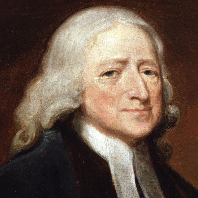 A painted portrait of a man with long white hair and a clerical collar. 