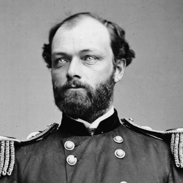 A black and white image of Quincy Gillmore in his officers uniform during the Civil War. 
