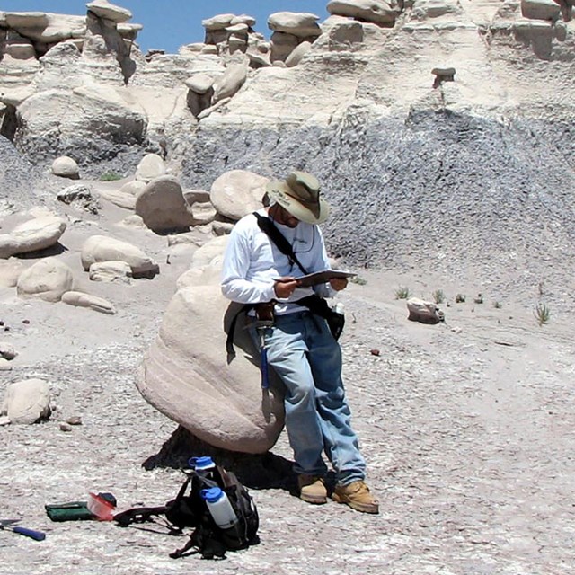 a person in a badlands environment