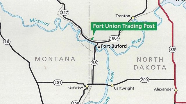 Line drawing road map, Fort Union In center, Williston, ND in top right, Sidney, ND bottom Left 